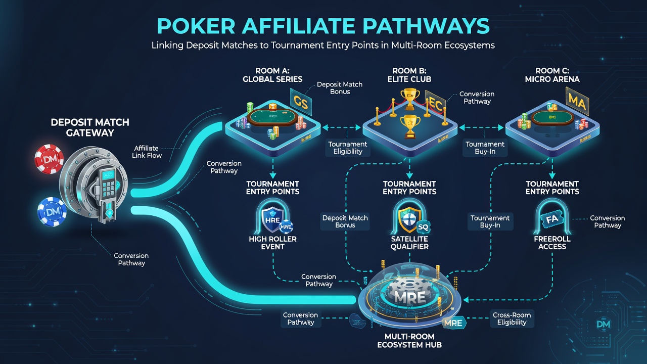 Illustration von Multi-Room-Poker-Ökosystemen mit verknüpften Deposit-Matches und Turnier-Entry-Points