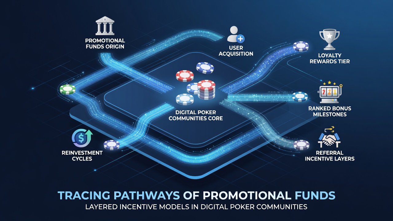 Darstellung der Flusswege von Werbefonds in geschichteten Anreizmodellen digitaler Poker-Plattformen mit Netzwerkdiagrammen und Datenströmen